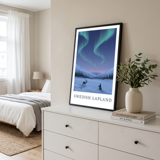 Swedish Lapland Travel Poster — Northern Lights Reindeer Sami Print