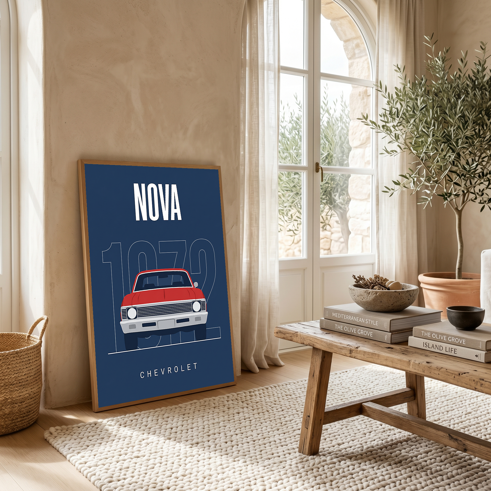 Chevrolet Nova 1972 Minimalist Poster — Red on Navy Compact Muscle Line Art