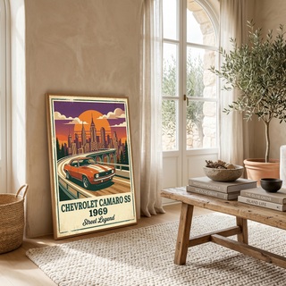 Chevrolet Camaro SS 1969 Poster — Vintage Muscle Car City Skyline Print