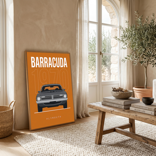 Plymouth Barracuda 1970 Minimalist Poster — Orange Muscle Car Line Art