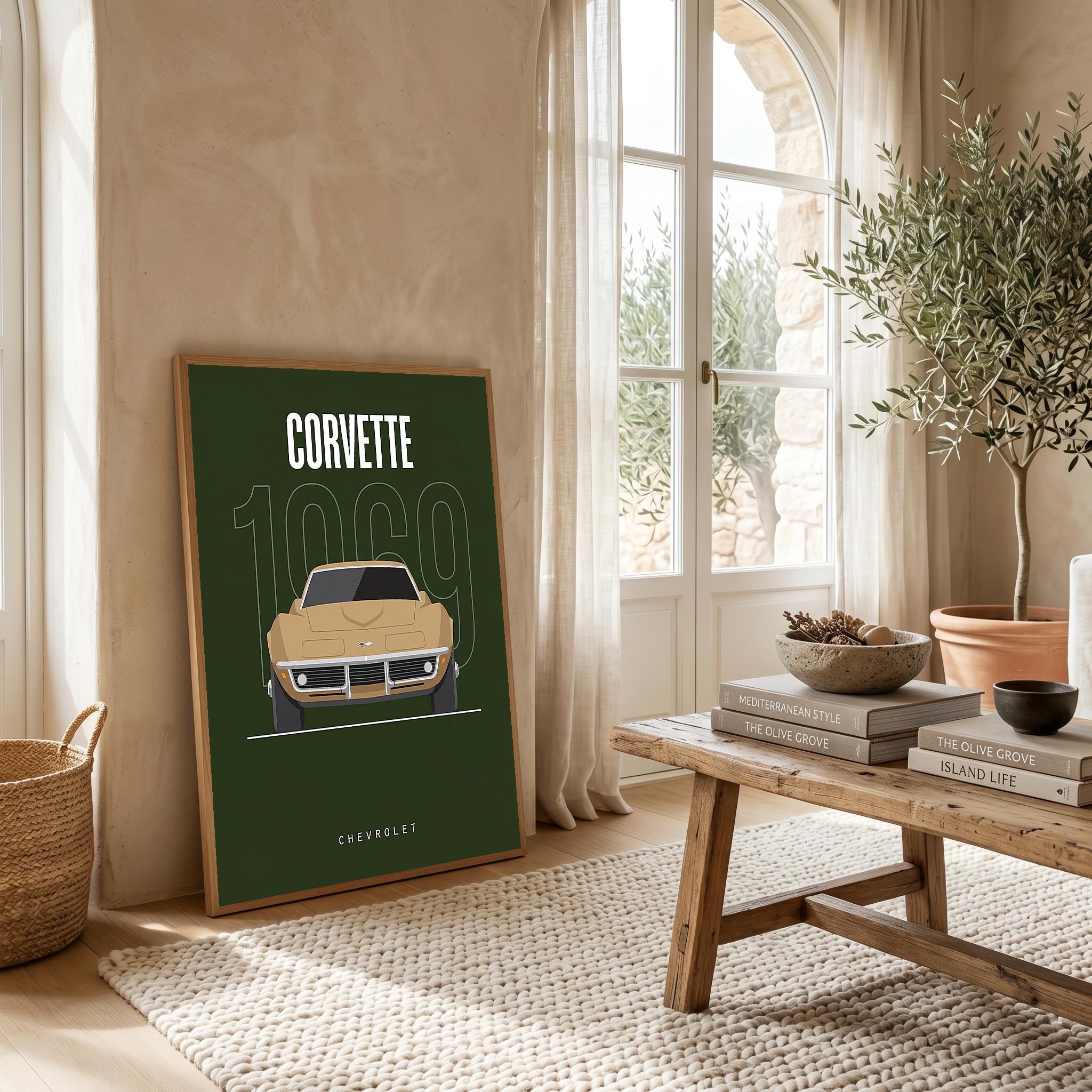 Chevrolet Corvette 1969 Minimalist Poster — Forest Green Muscle Car Line Art