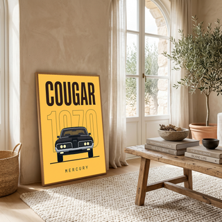 Mercury Cougar 1970 Minimalist Poster — Golden Yellow Muscle Car Line Art