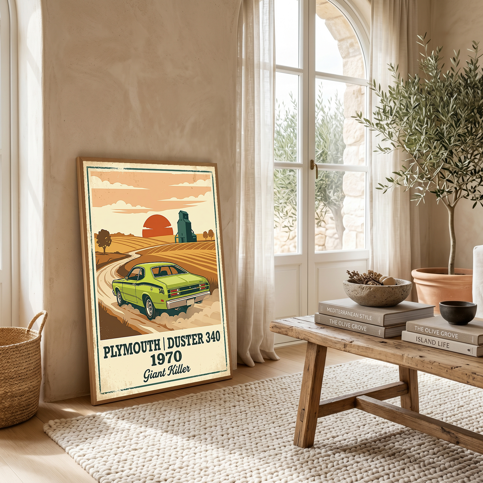 Plymouth Duster 340 1970 Poster — Vintage Muscle Car Country Wheat Print