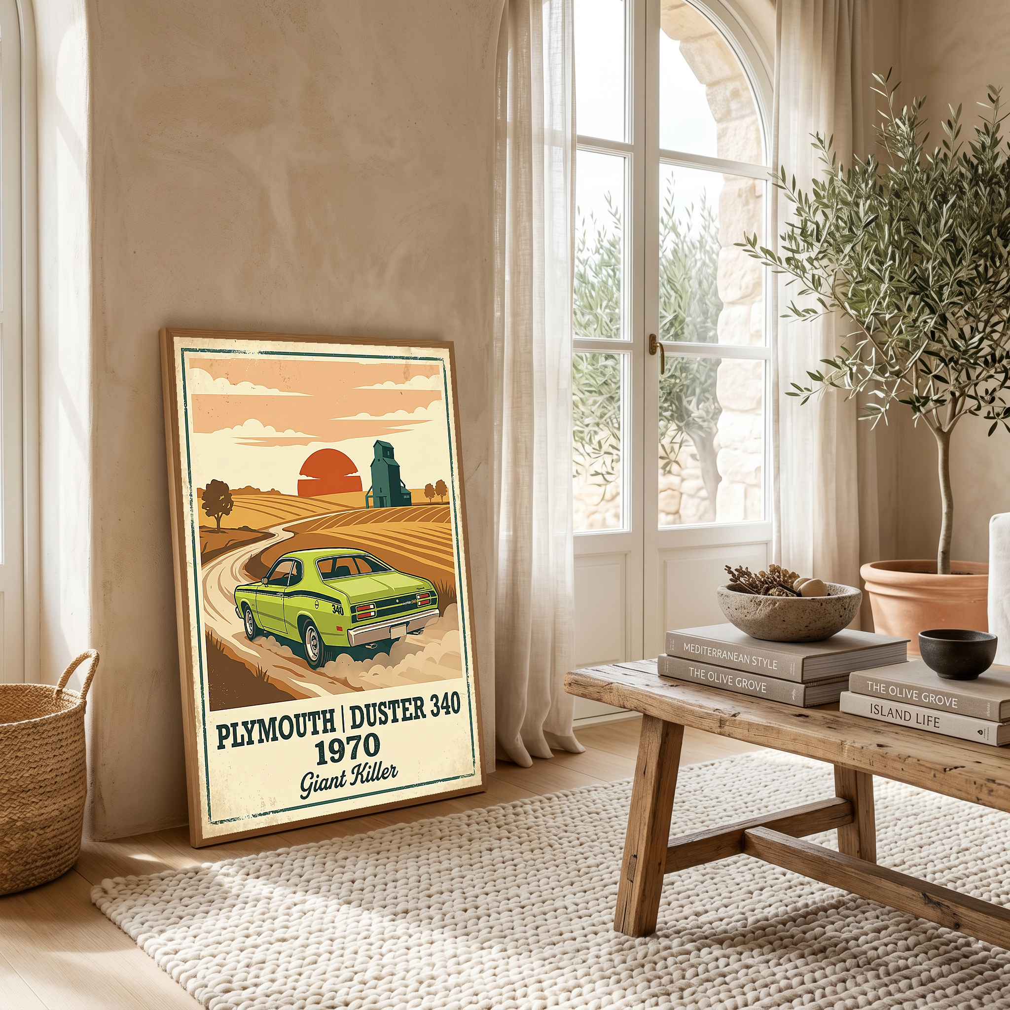 Plymouth Duster 340 1970 Poster — Vintage Muscle Car Country Wheat Print