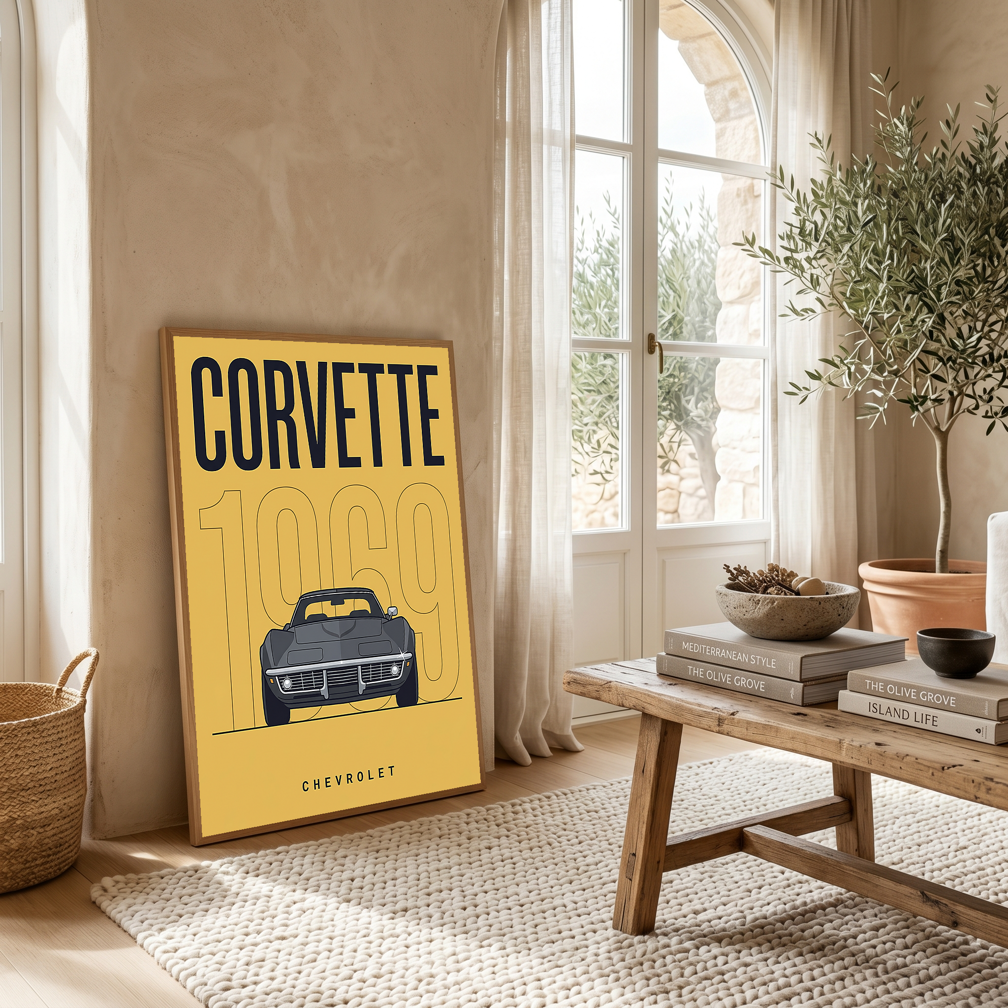 Chevrolet Corvette 1969 V2 Yellow Minimalist Poster — Muscle Car Line Art