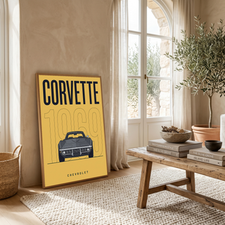 Chevrolet Corvette 1969 V2 Yellow Minimalist Poster — Muscle Car Line Art