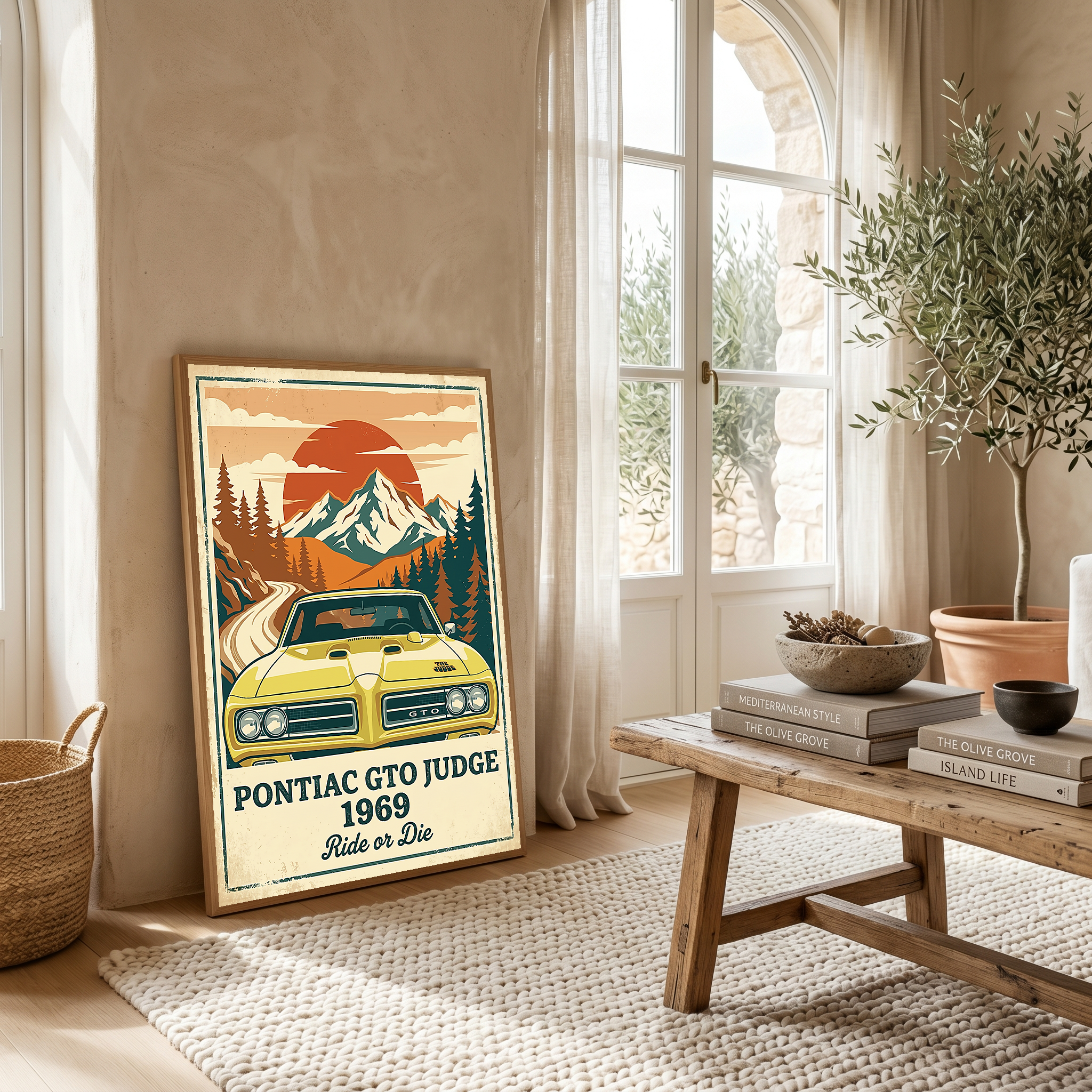 Pontiac GTO Judge 1969 Poster — Vintage Muscle Car Mountain Sunset Print