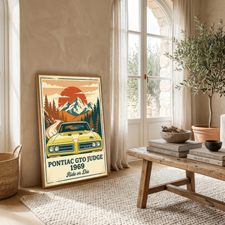 Pontiac GTO Judge 1969 Poster — Vintage Muscle Car Mountain Sunset Print