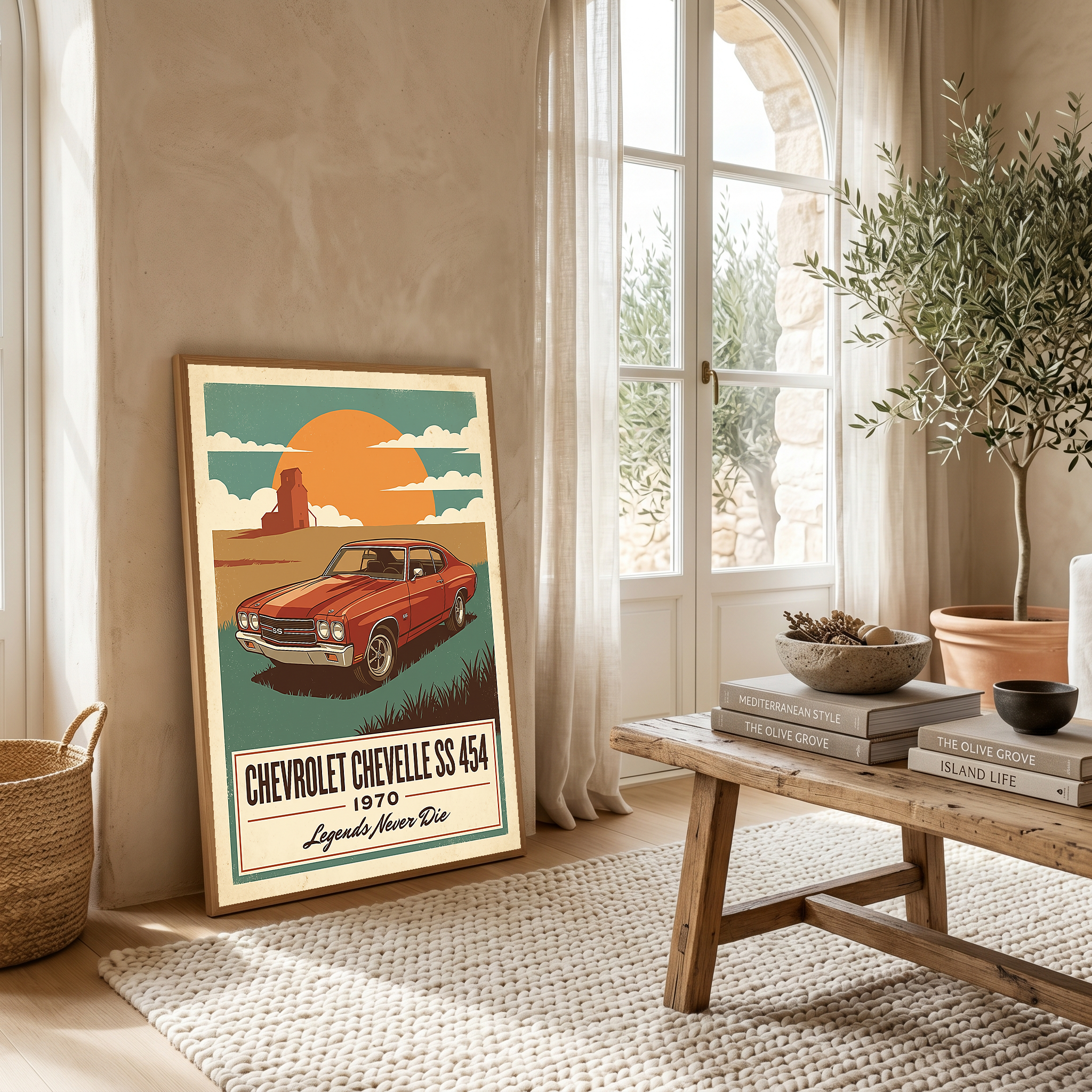 Chevrolet Chevelle SS 454 1970 V8 Sunset Silo Poster — Vintage Muscle Heartland Print