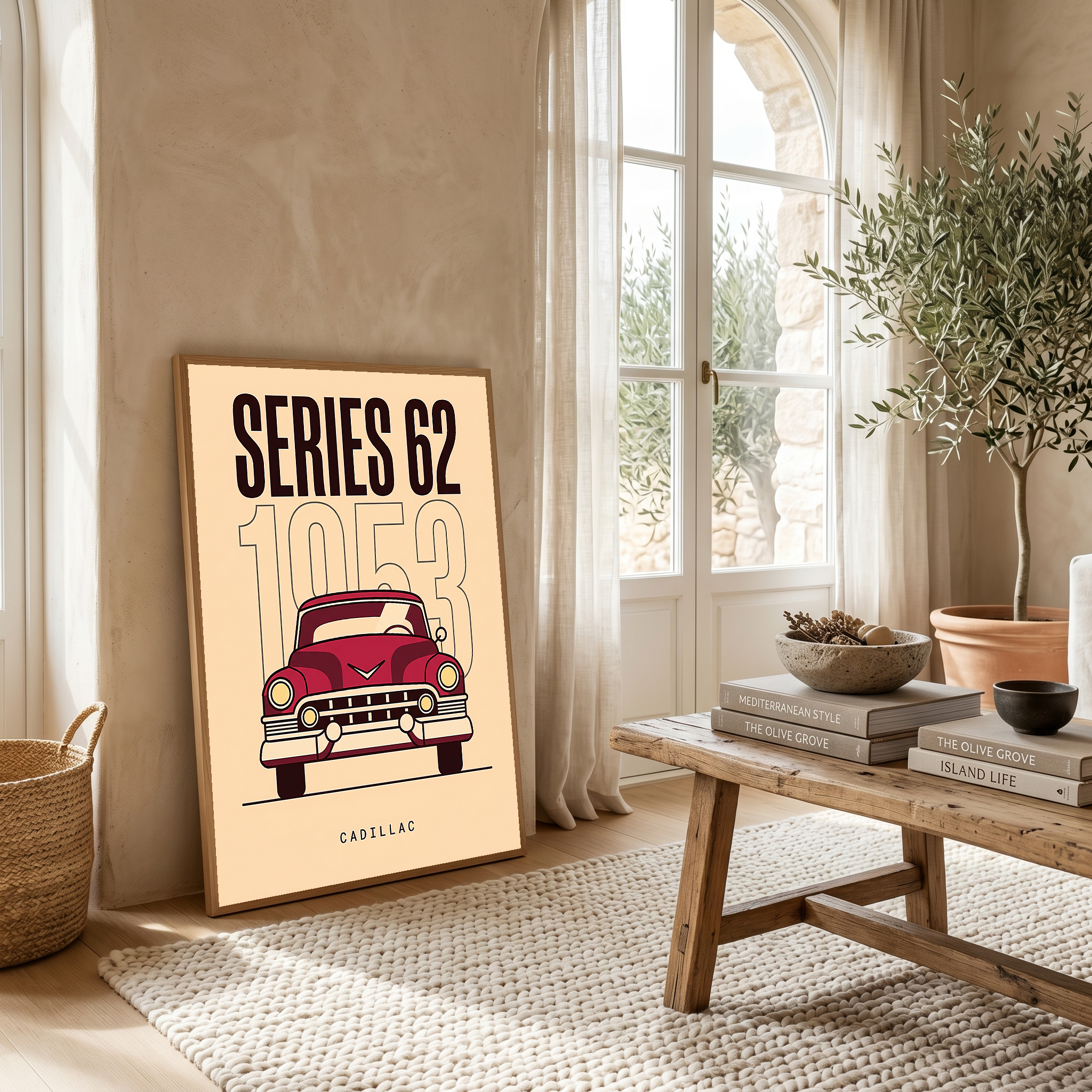 Cadillac Series 62 1953 Minimalist Poster — Cream Classic Car Line Art