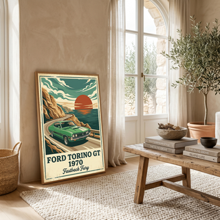 Ford Torino GT 1970 Poster — Vintage Muscle Car Coastal Cliff Sunset Print