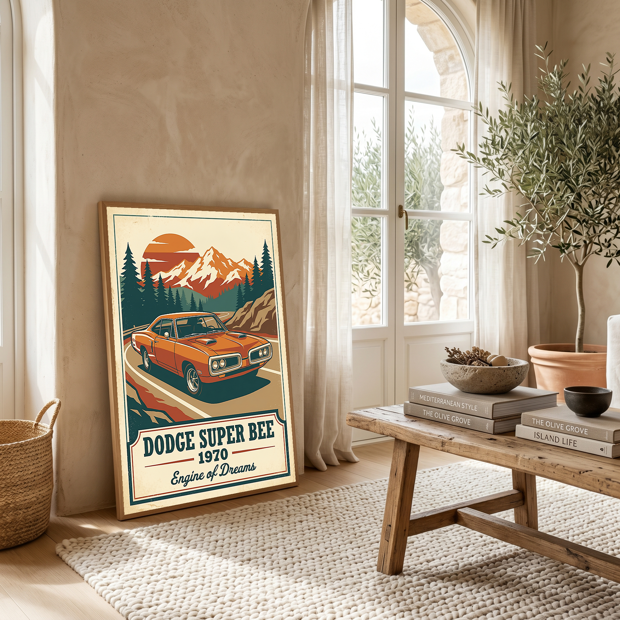 Dodge Super Bee 1970 V2 Poster — Vintage Muscle Mountain Pine Sunset Print