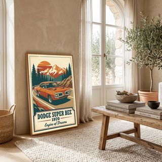 Dodge Super Bee 1970 V2 Poster — Vintage Muscle Mountain Pine Sunset Print
