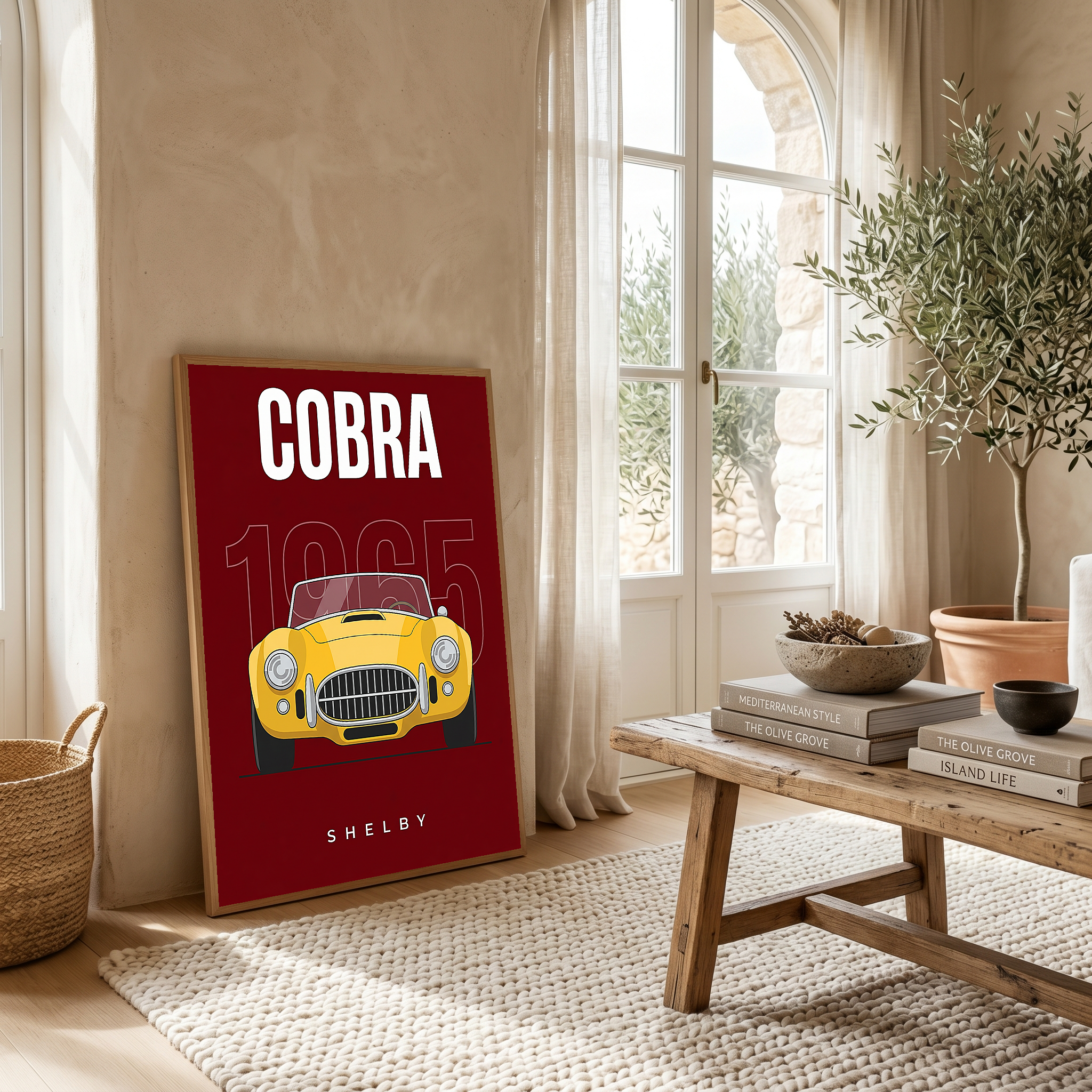 Shelby Cobra 1965 Minimalist Poster — Burgundy Roadster Line Art