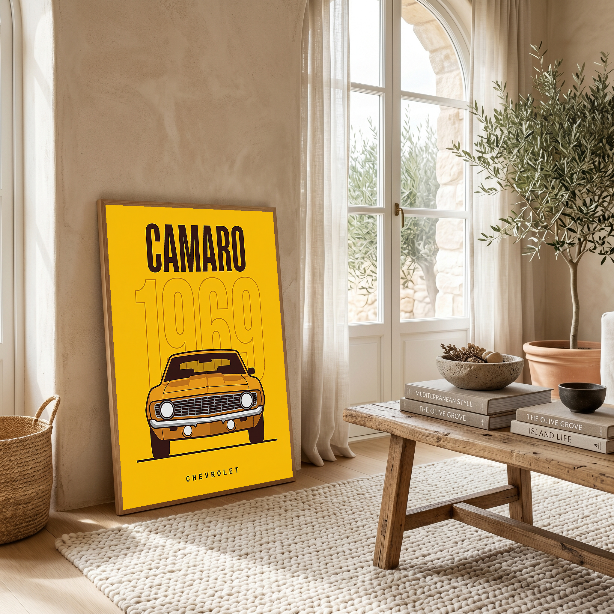 Chevrolet Camaro 1969 V2 Yellow Minimalist Poster — Muscle Car Line Art