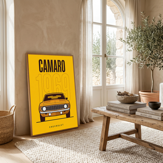 Chevrolet Camaro 1969 V2 Yellow Minimalist Poster — Muscle Car Line Art