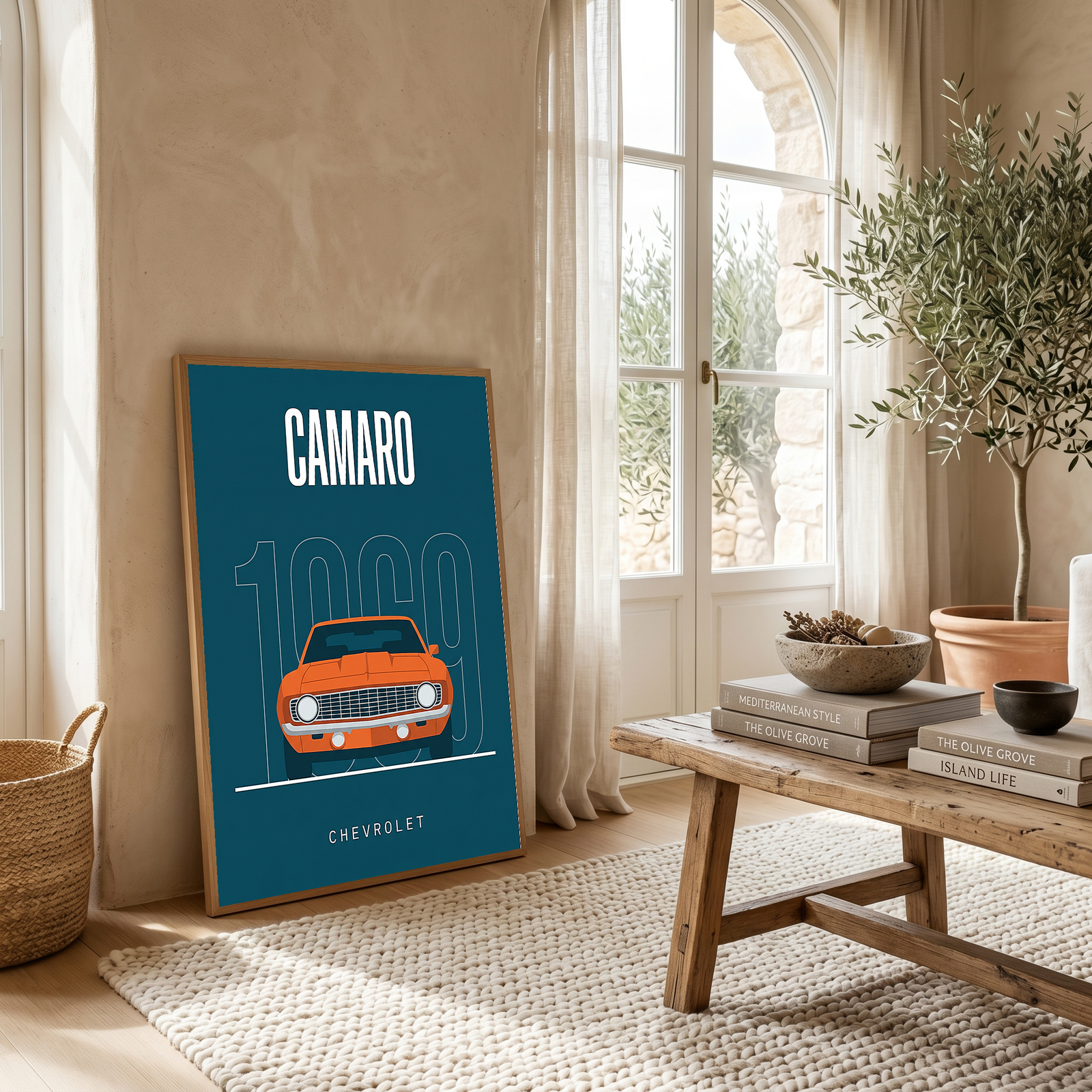 Chevrolet Camaro 1969 Minimalist Poster — Teal Muscle Car Line Art
