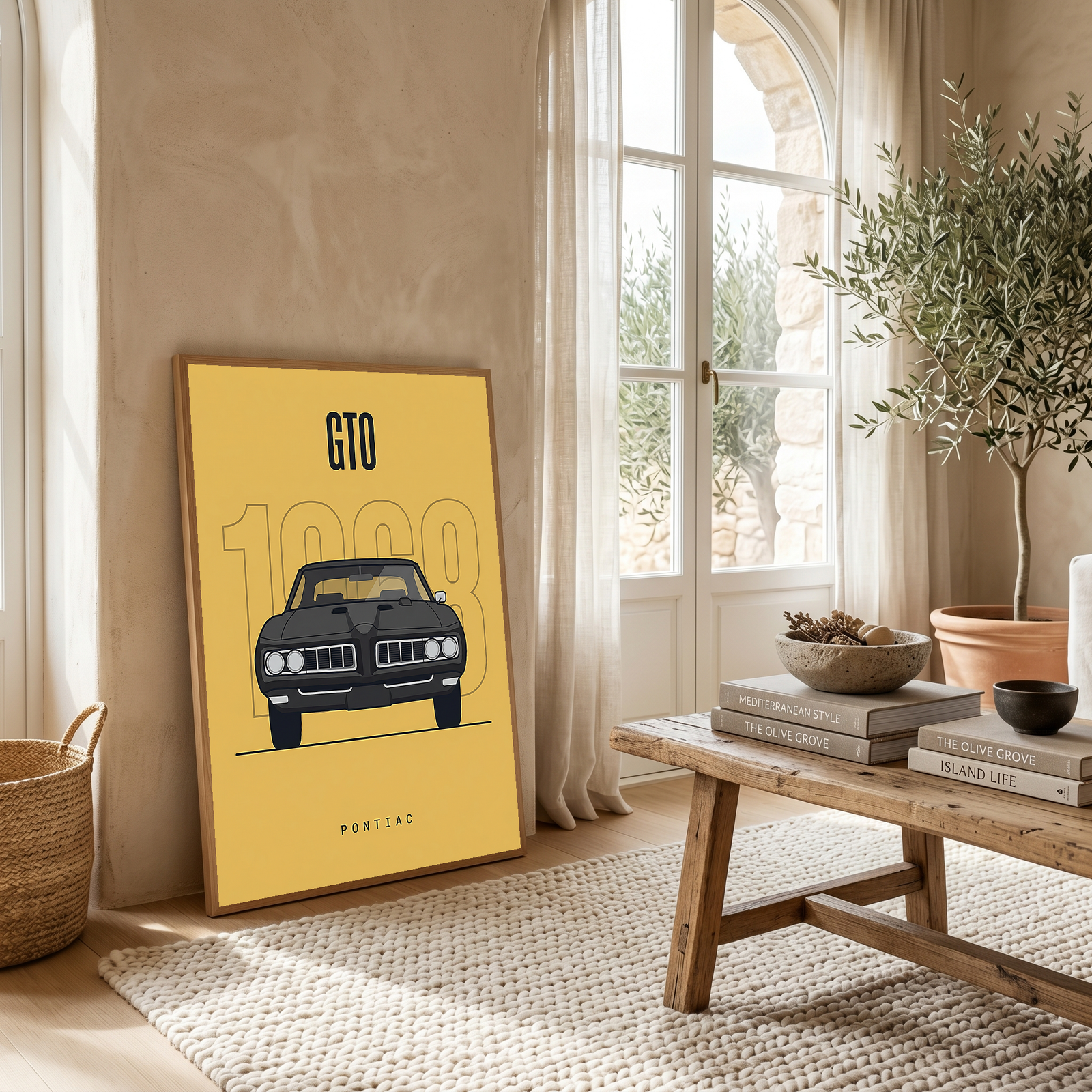Pontiac GTO 1968 Minimalist Poster — Golden Yellow Muscle Car Line Art