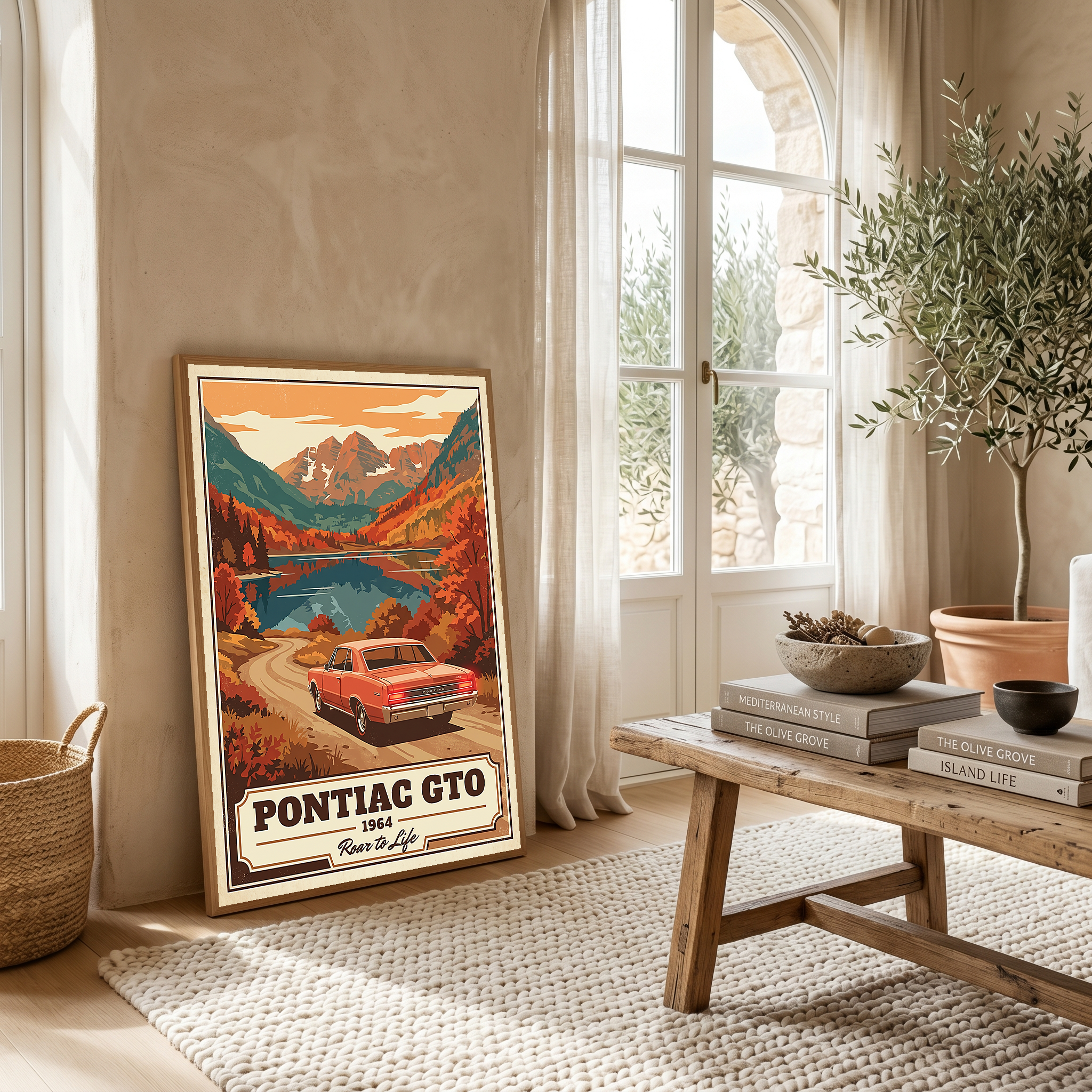 Pontiac GTO 1964 V4 Poster — Vintage Muscle Autumn Mountain Lake Print