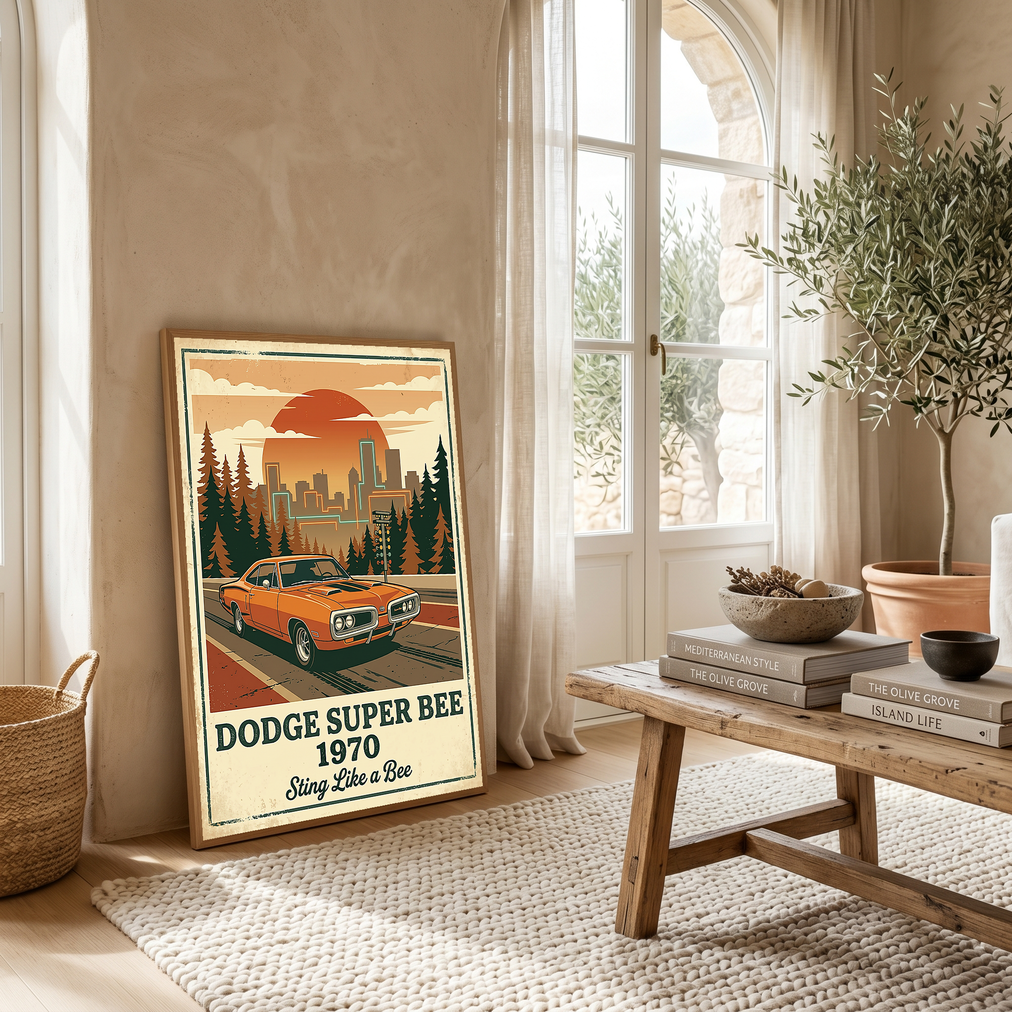 Dodge Super Bee 1970 Poster — Vintage Muscle Car City Skyline Print