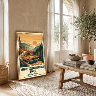 Mercury Cougar Eliminator 1970 V2 Poster — Vintage Muscle Car Pine Forest Sunset