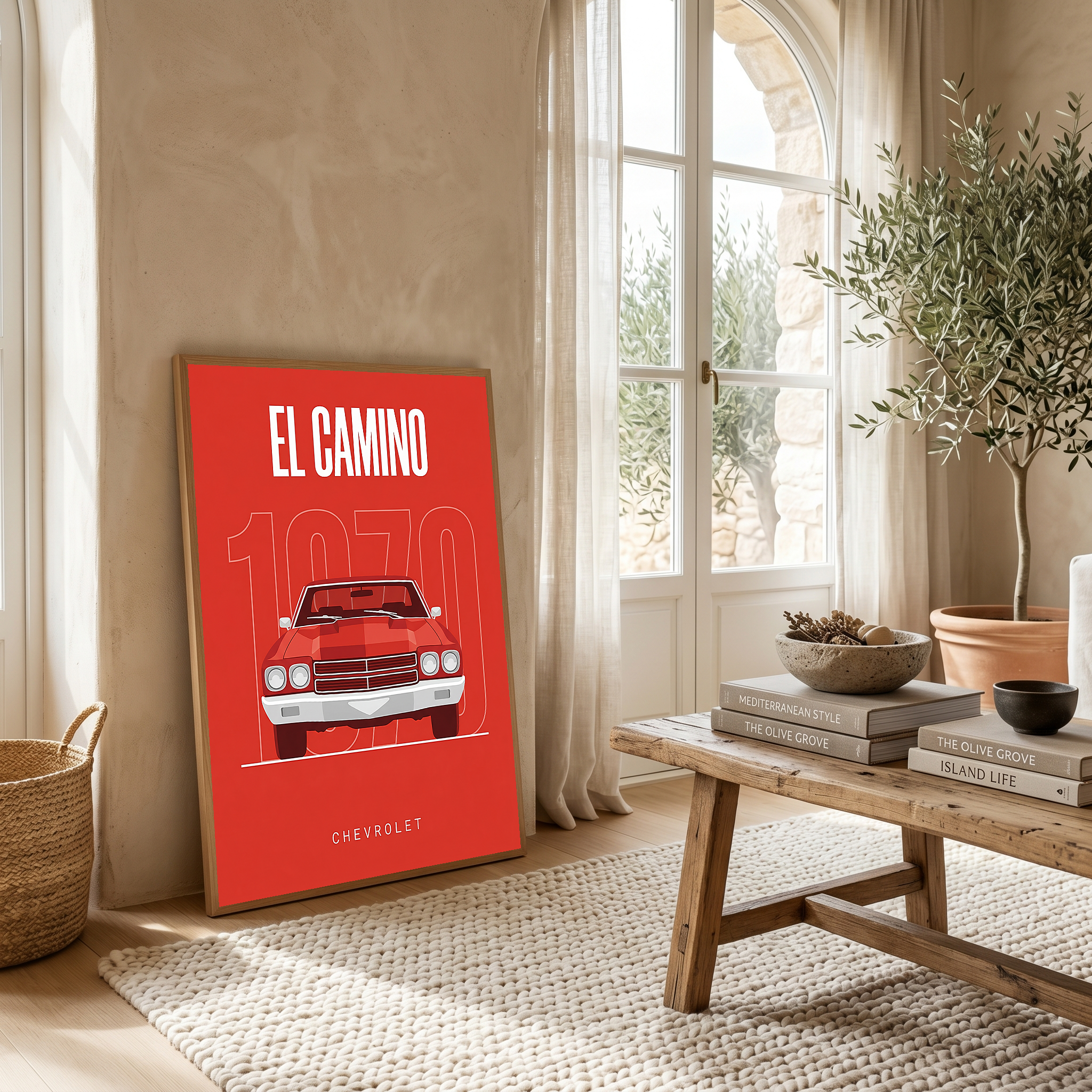 Chevrolet El Camino 1970 Minimalist Poster — Red Muscle Truck Line Art