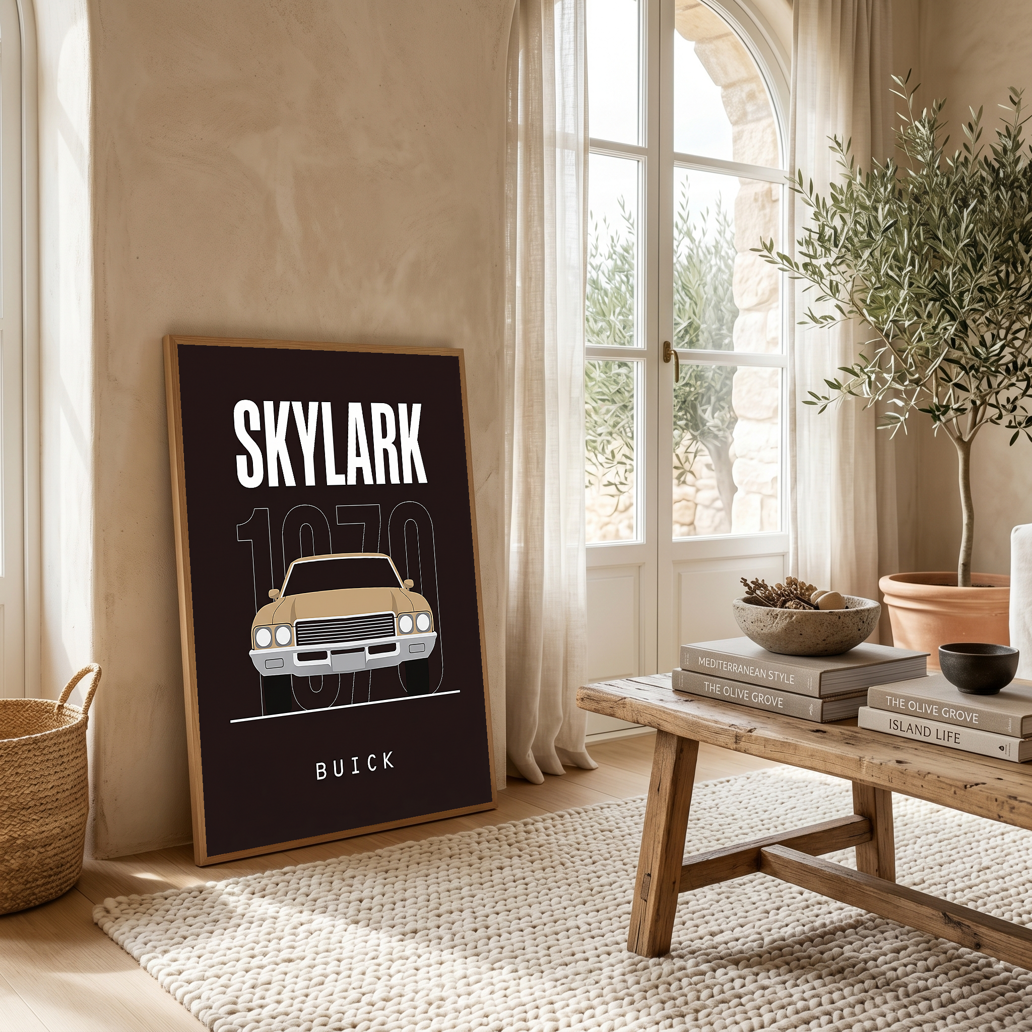 Buick Skylark 1970 Minimalist Poster — Tan on Espresso Muscle Car Line Art