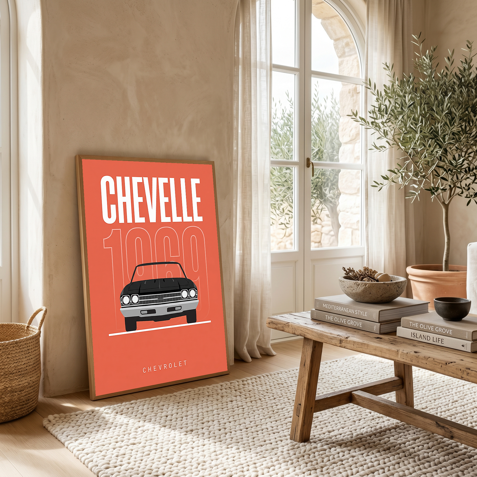 Chevrolet Chevelle 1969 Minimalist Poster — Coral Convertible Muscle Line Art