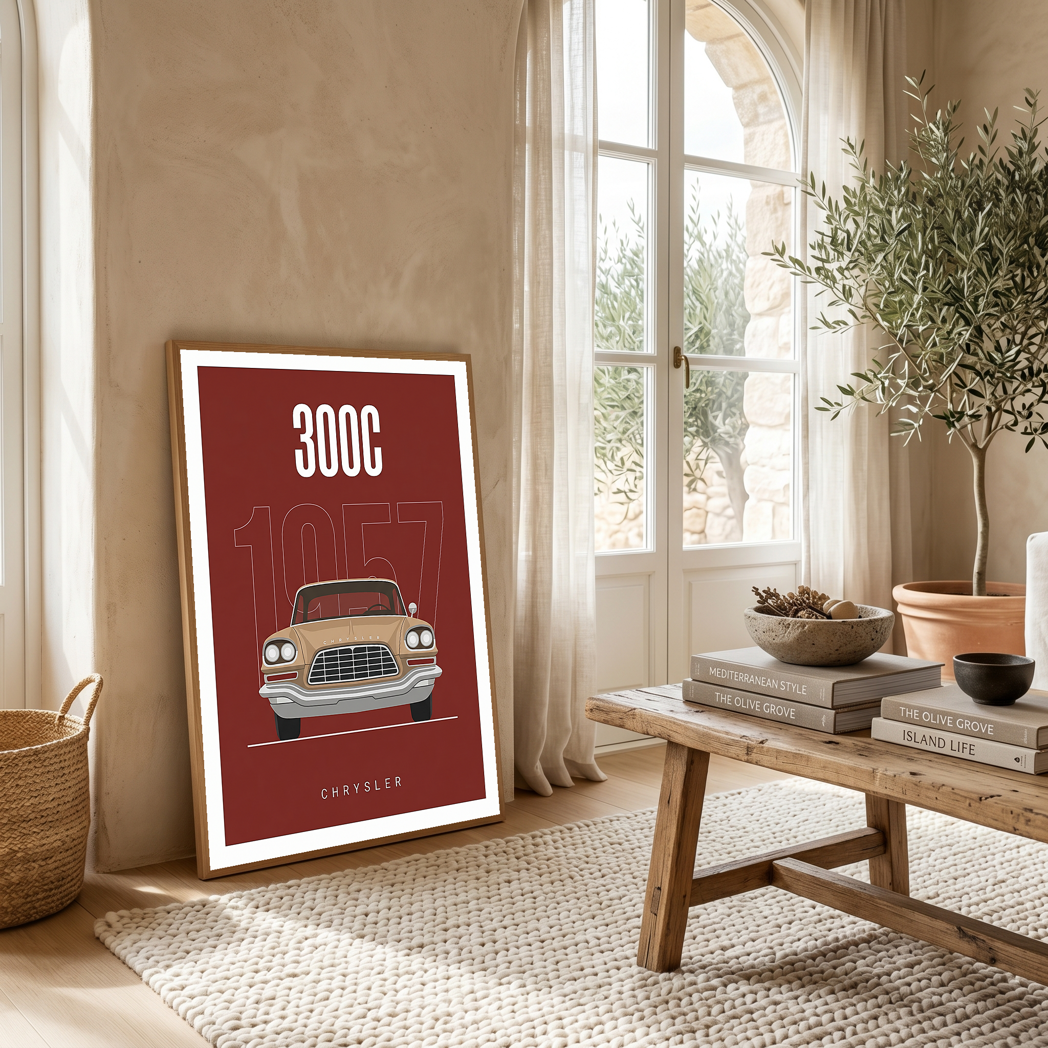 Chrysler 300C 1957 Minimalist Poster — Crimson Letter Series Line Art