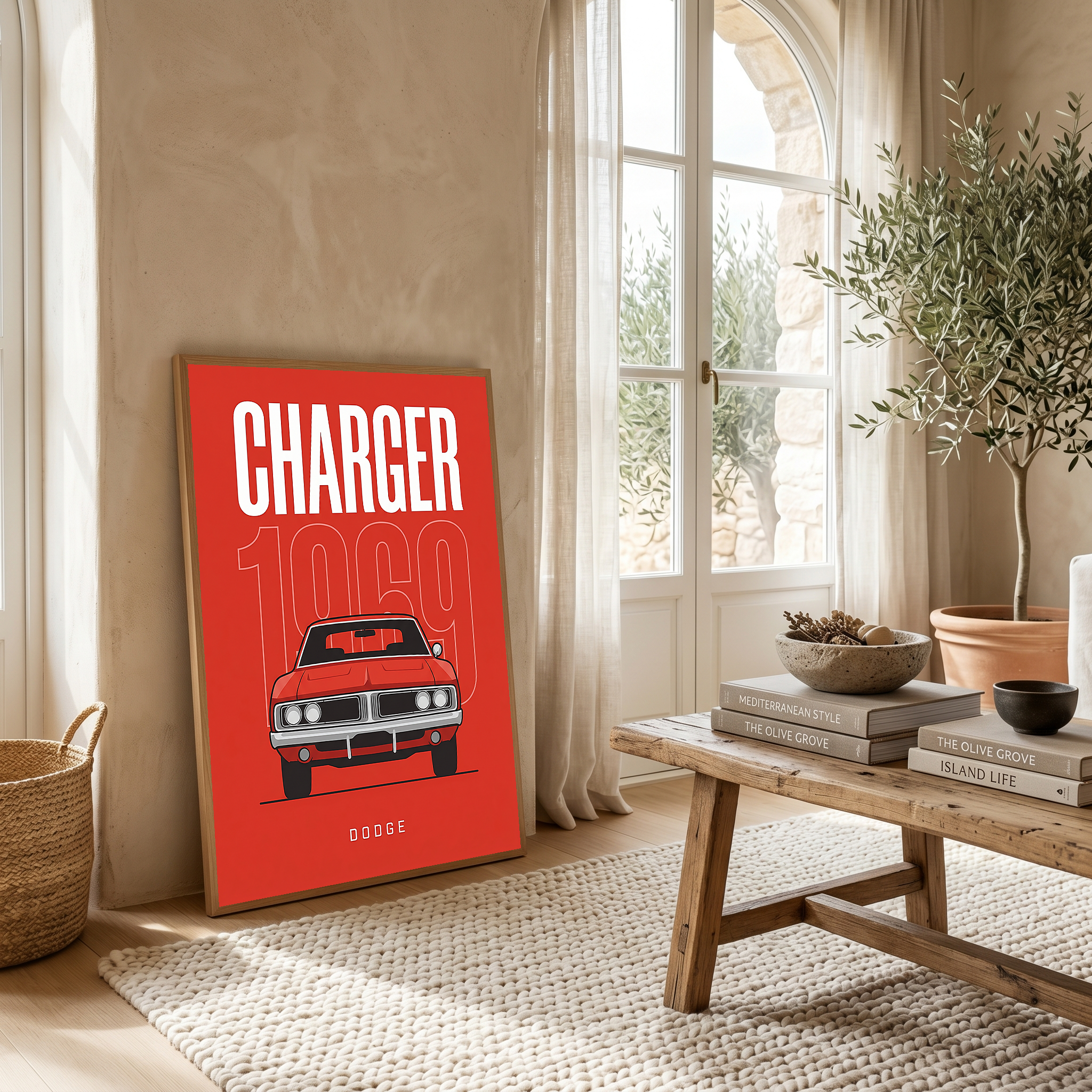 Dodge Charger 1969 Minimalist Poster — Red Muscle Car Line Art