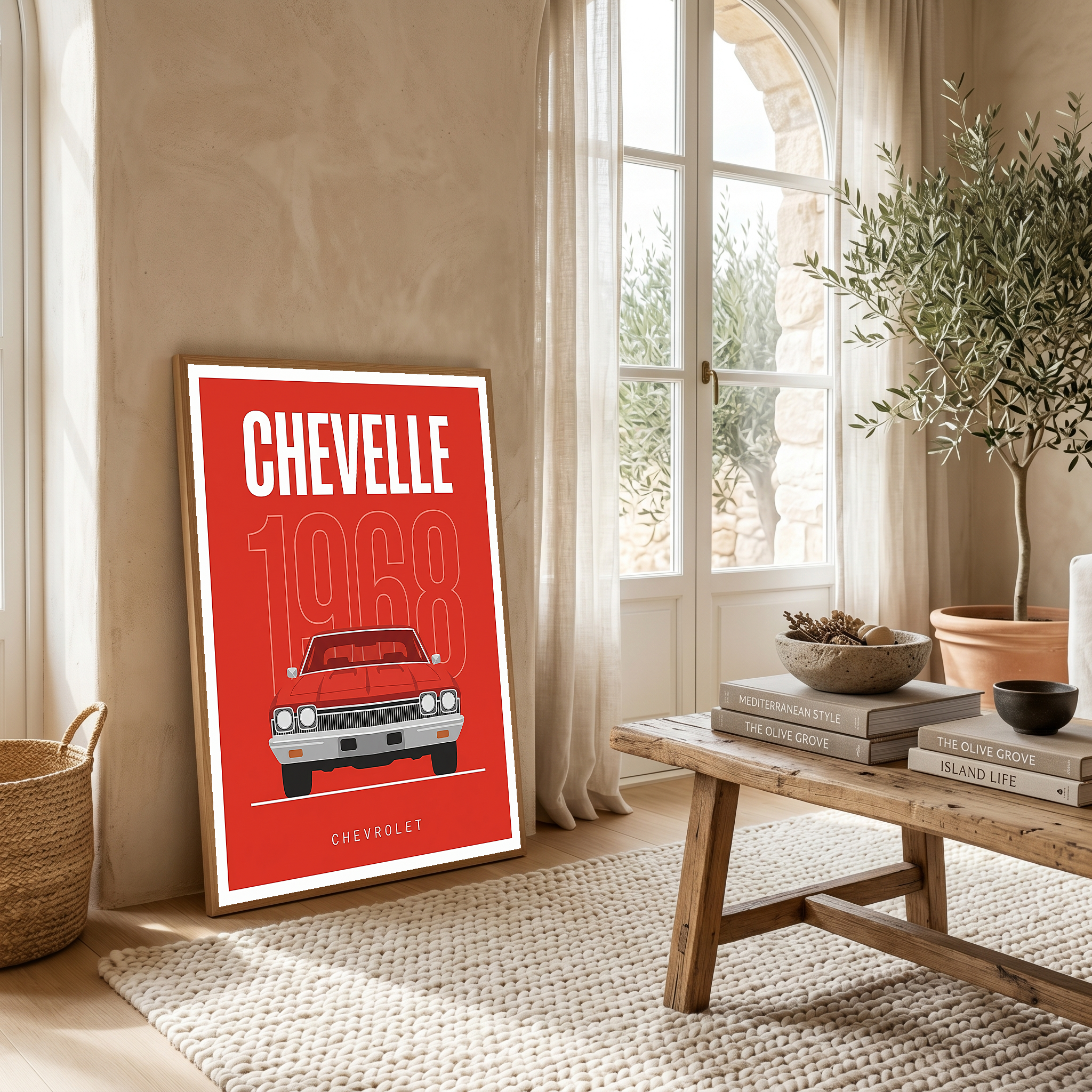 Chevrolet Chevelle 1968 Minimalist Poster — Red Muscle Car Line Art