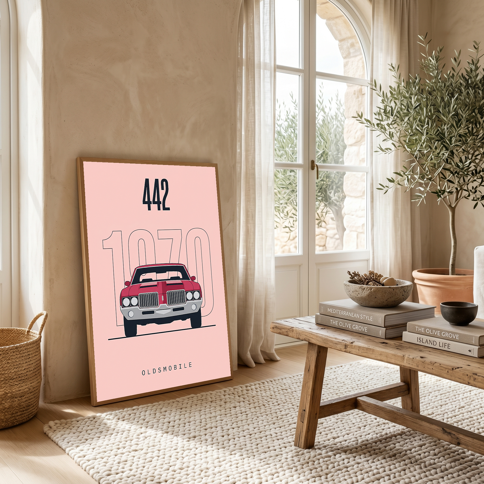 Oldsmobile 442 1970 Minimalist Poster — Blush Pink Muscle Car Line Art