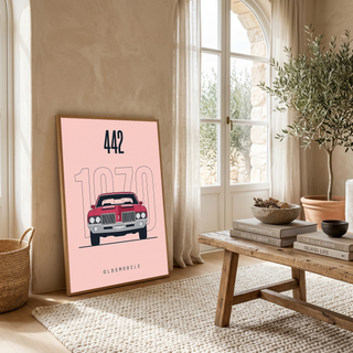 Oldsmobile 442 1970 Minimalist Poster — Blush Pink Muscle Car Line Art