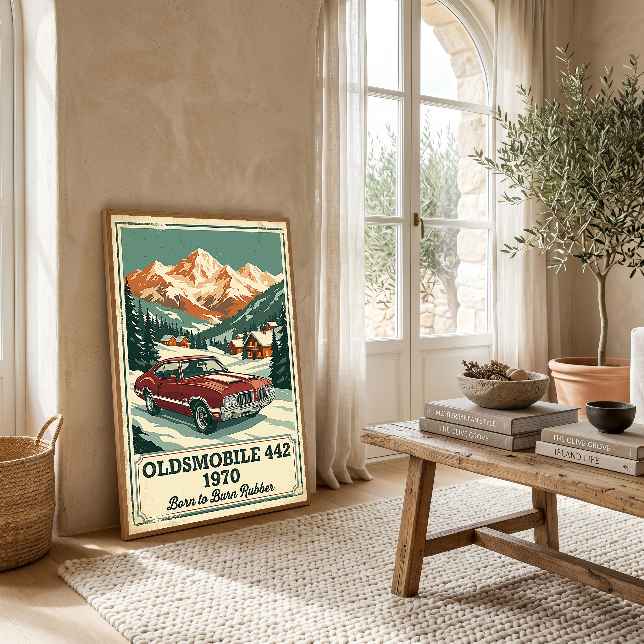 Oldsmobile 442 1970 V2 Poster — Vintage Muscle Winter Alpine Village Print