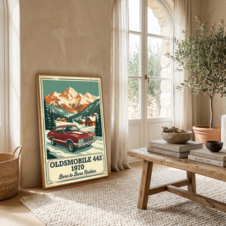 Oldsmobile 442 1970 V2 Poster — Vintage Muscle Winter Alpine Village Print