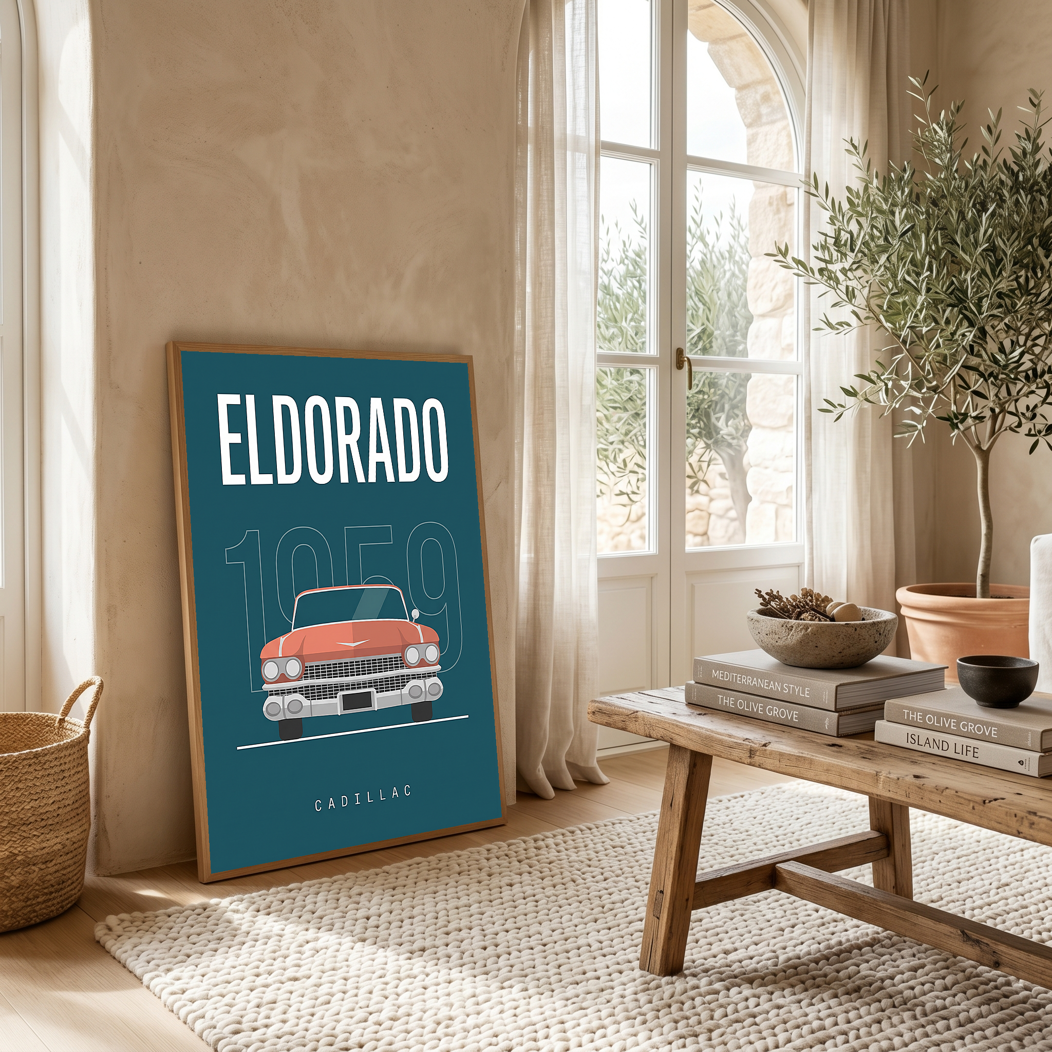 Cadillac Eldorado 1959 Minimalist Poster — Teal Tail-Fin Classic Line Art