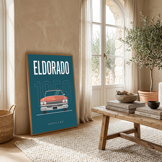 Cadillac Eldorado 1959 Minimalist Poster — Teal Tail-Fin Classic Line Art