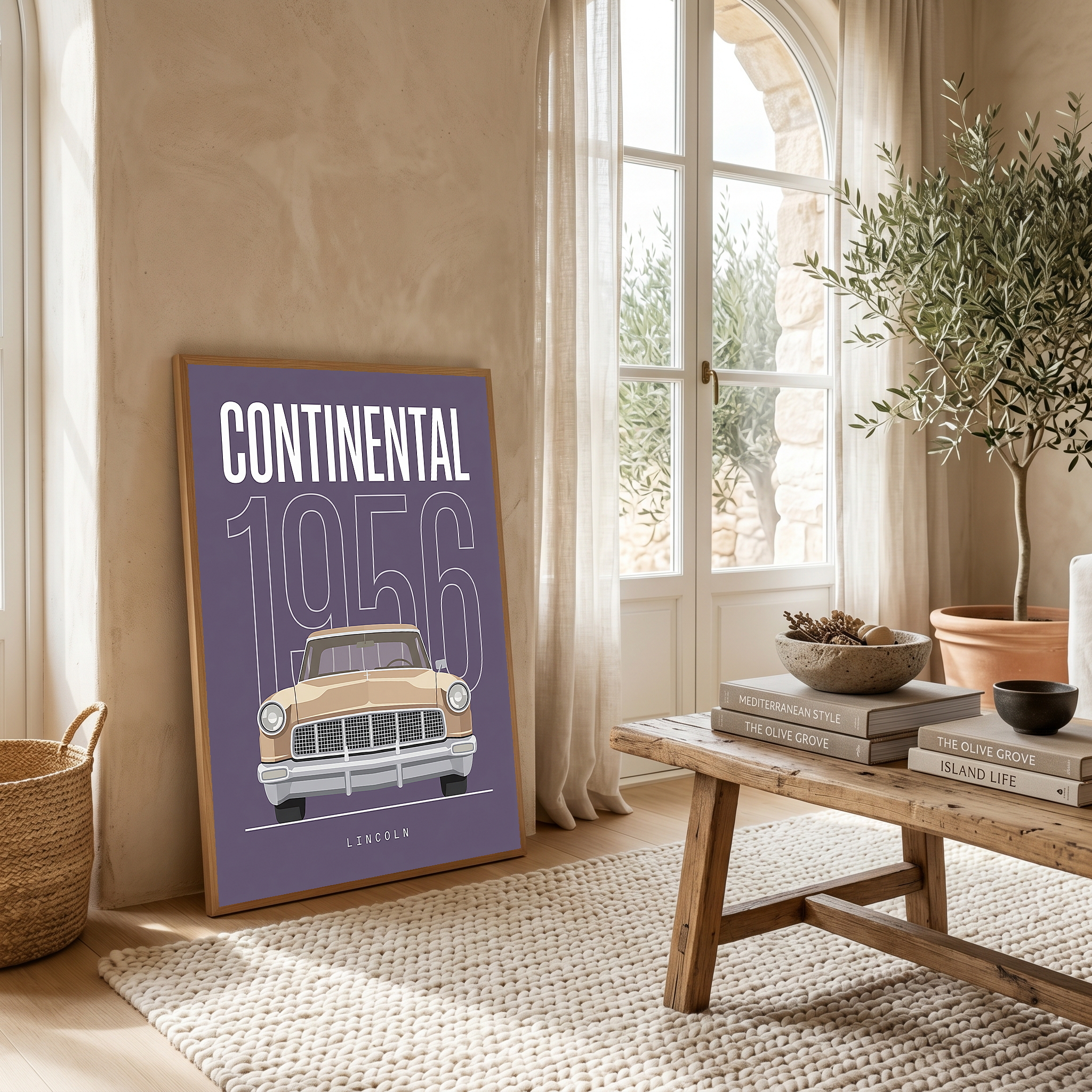 Lincoln Continental 1956 Minimalist Poster — Purple Classic Car Line Art