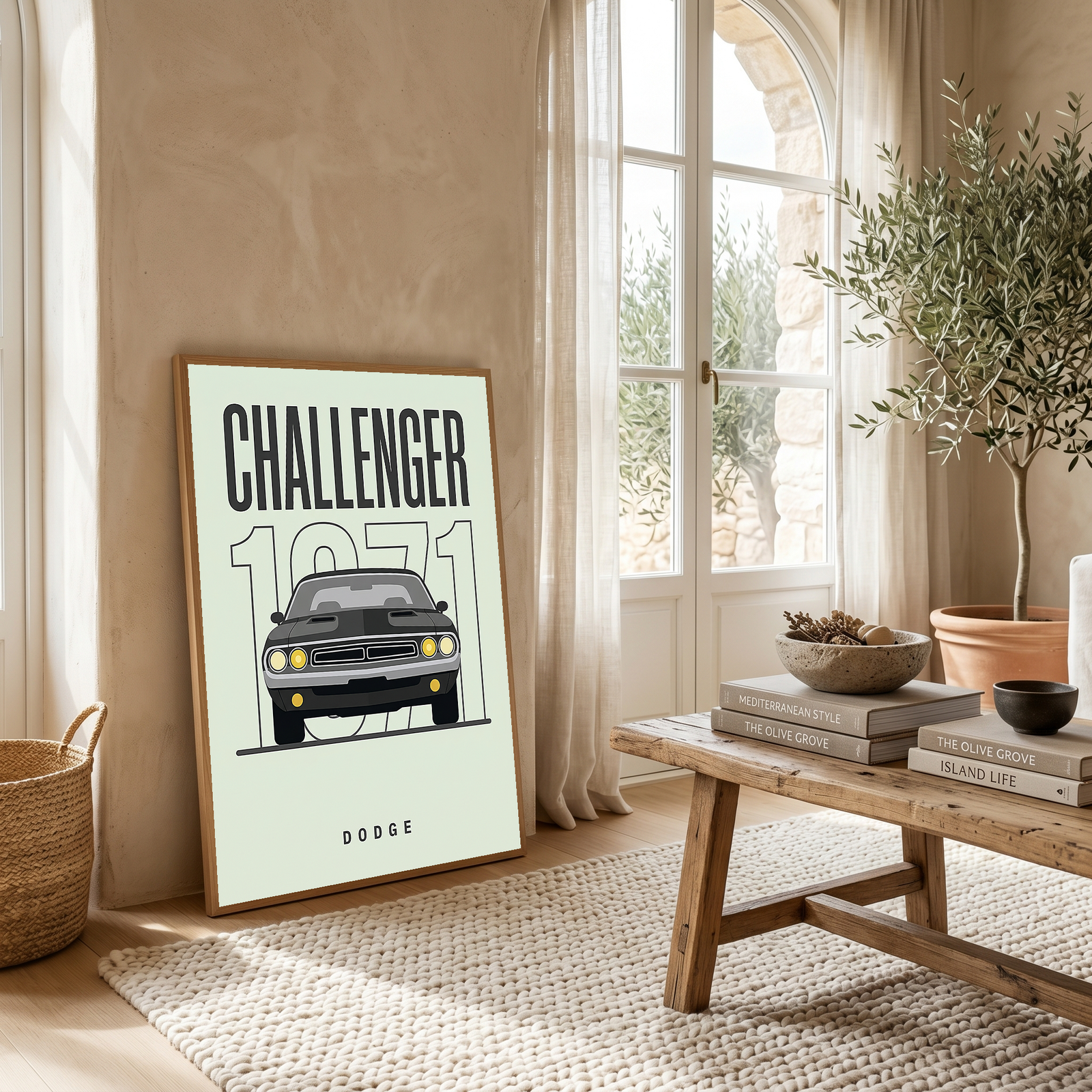 Dodge Challenger 1971 Minimalist Poster — Mint Sage Muscle Car Line Art
