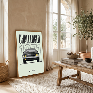 Dodge Challenger 1971 Minimalist Poster — Mint Sage Muscle Car Line Art