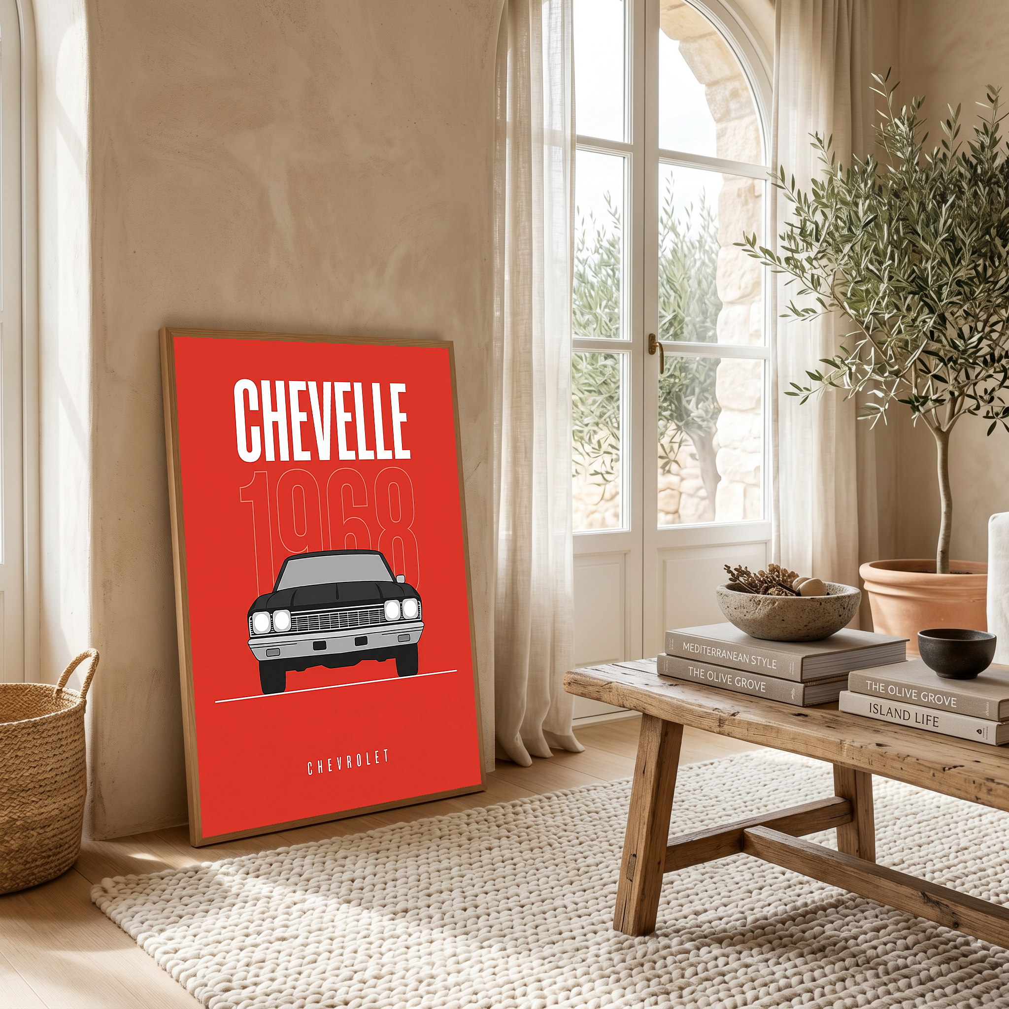 Chevrolet Chevelle 1968 V2 Minimalist Poster — Crimson Sedan Muscle Line Art