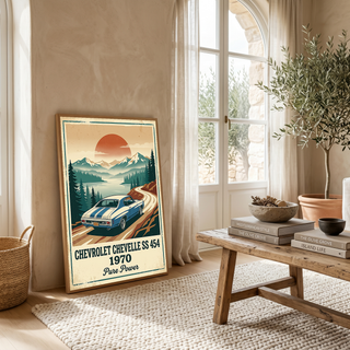 Chevrolet Chevelle SS 454 1970 Sky Blue Poster — Vintage Muscle Car Mountain Lake Print