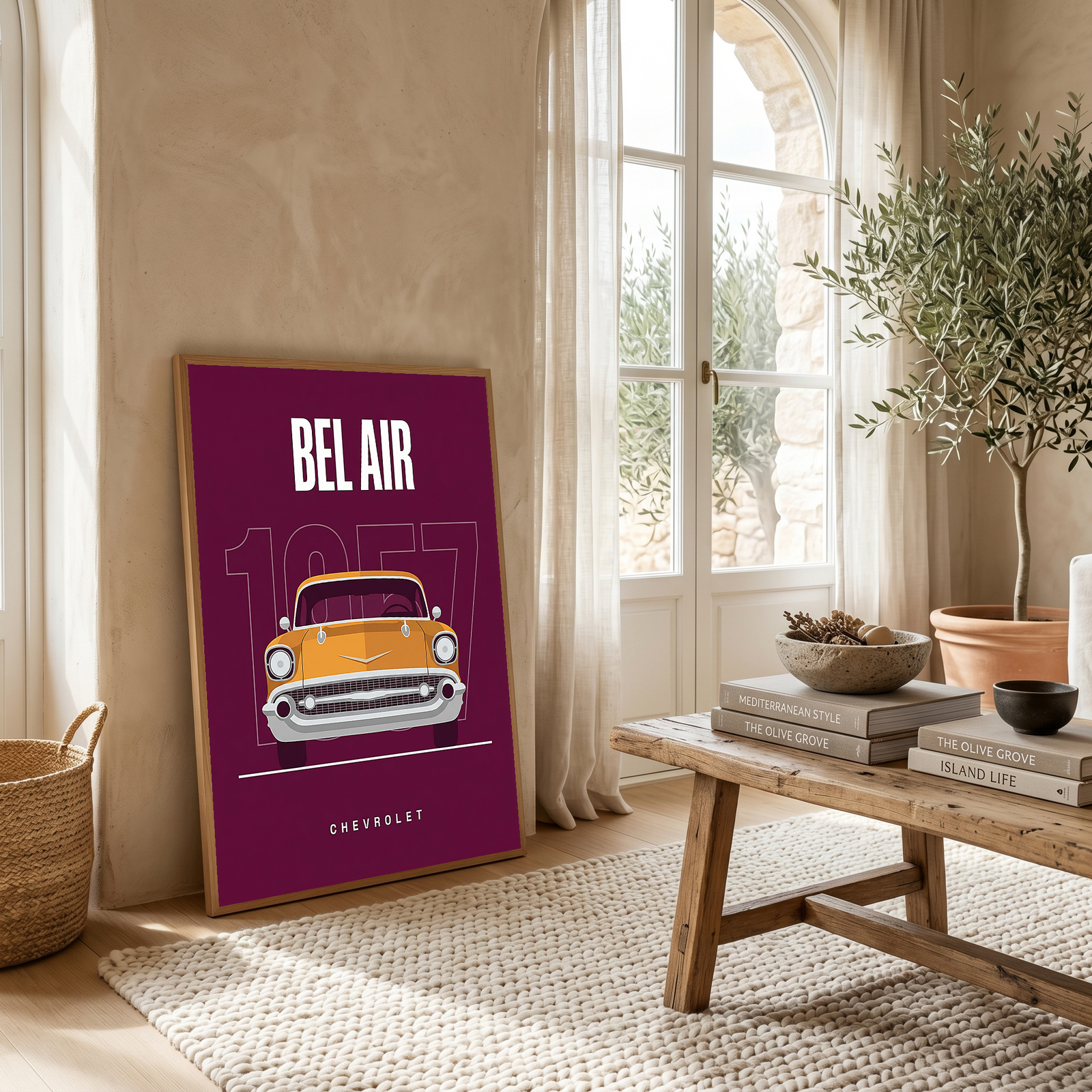 Chevrolet Bel Air 1957 Minimalist Poster — Burgundy Classic Car Line Art