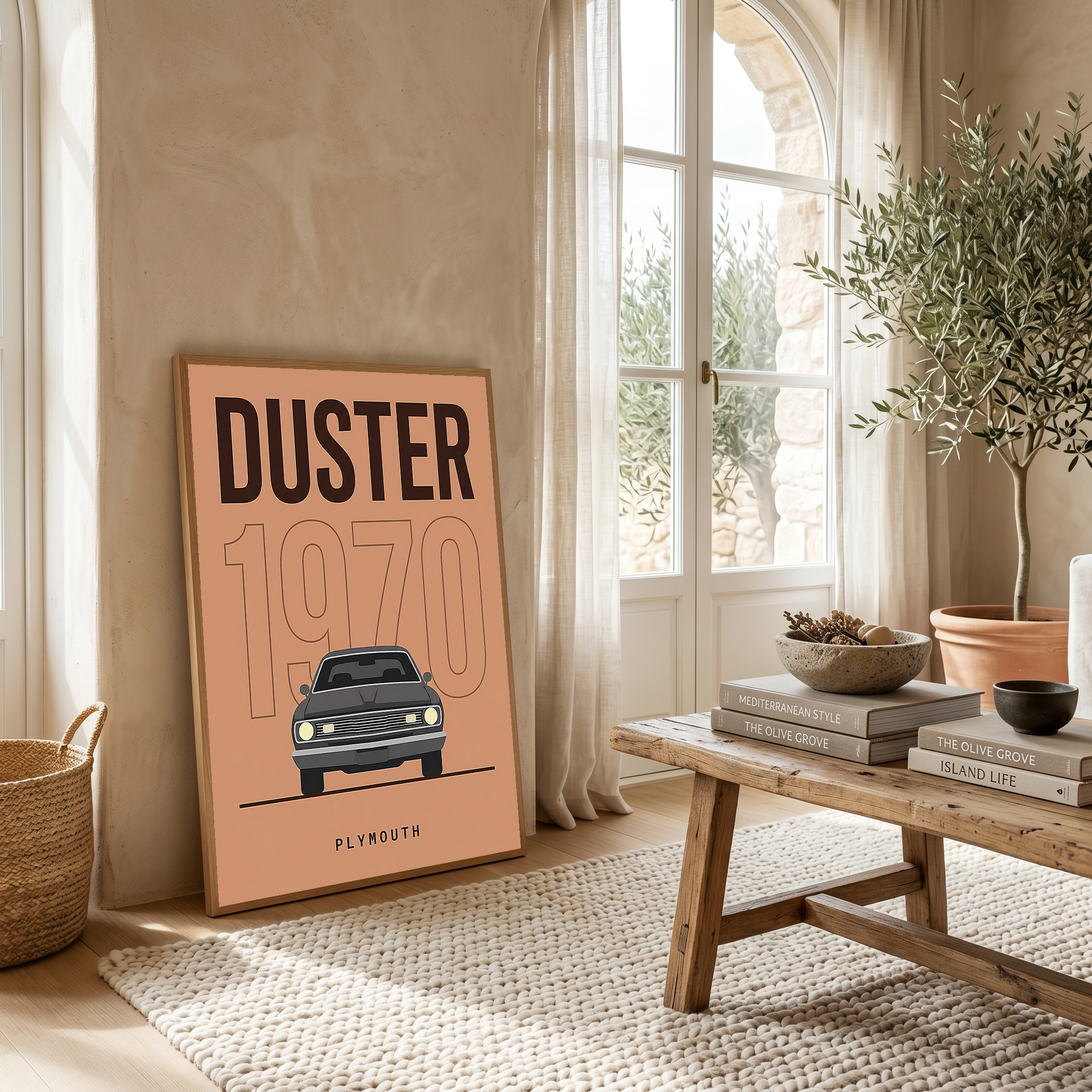Plymouth Duster 1970 Minimalist Poster — Terracotta Muscle Car Line Art