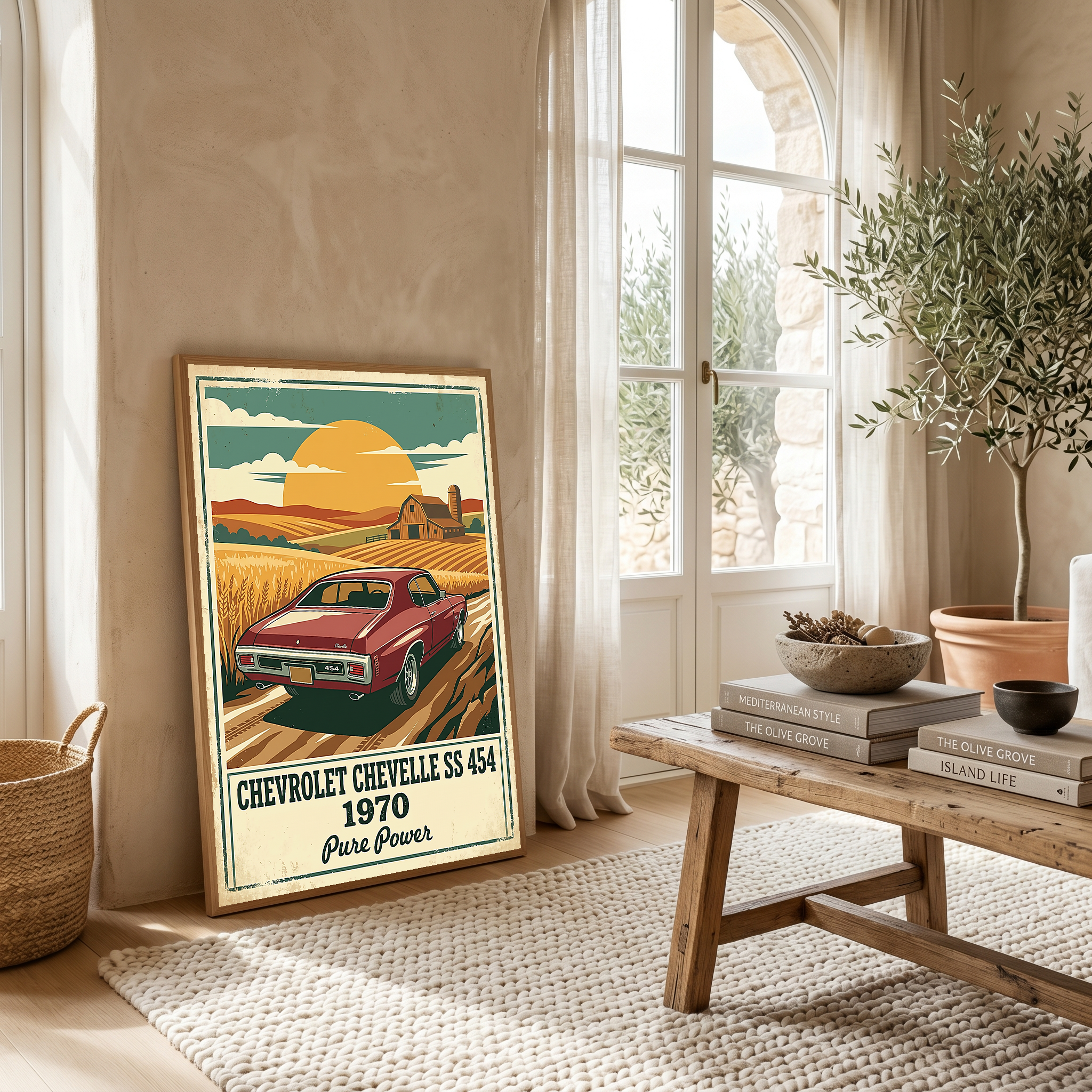 Chevrolet Chevelle SS 454 1970 V3 Poster — Vintage Muscle Car Wheat Field Barn Print