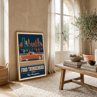 Ford Thunderbird 1955 Poster — Vintage Two-Seater Convertible City Skyline Print