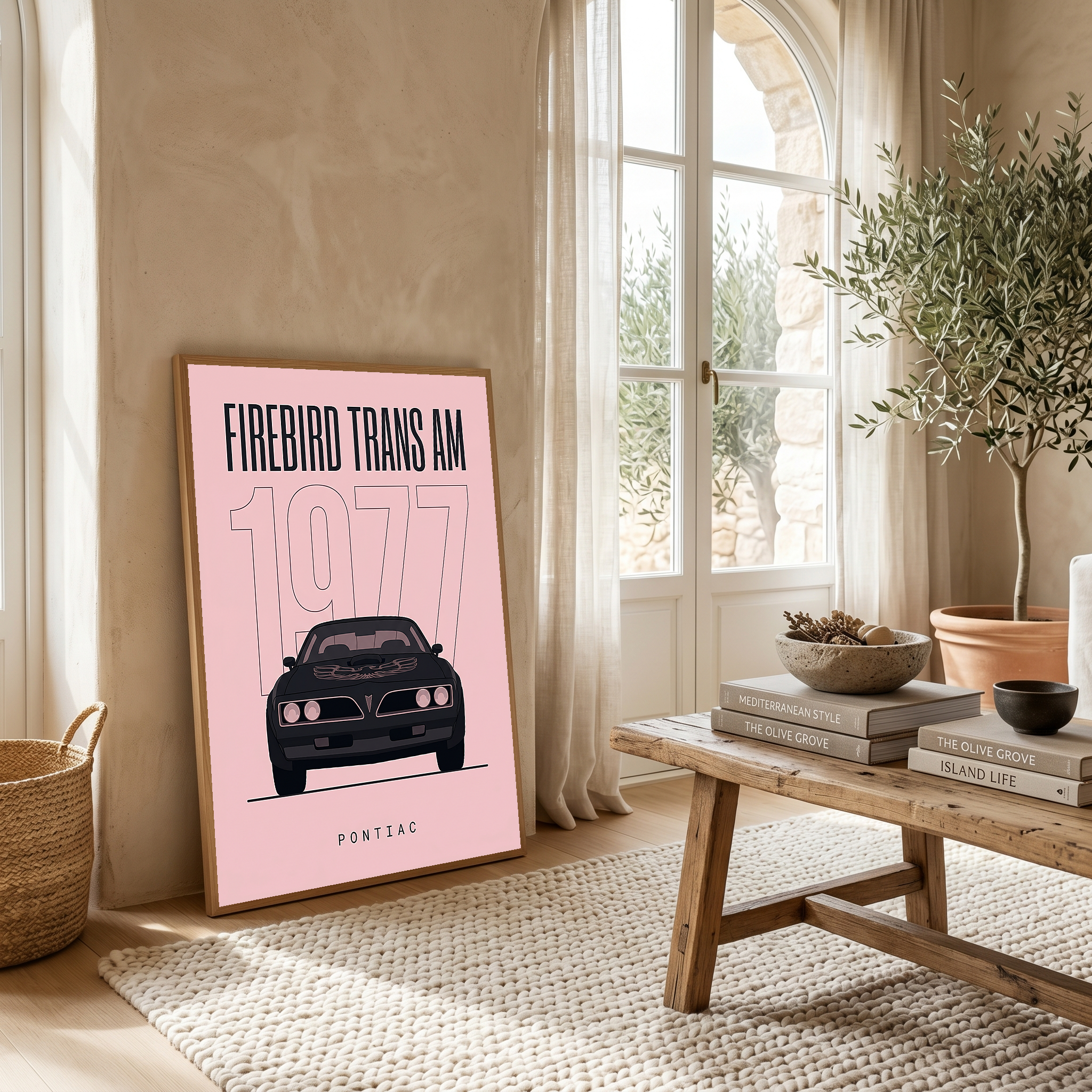 Pontiac Firebird Trans Am 1977 Minimalist Poster — Blush Pink Muscle Line Art