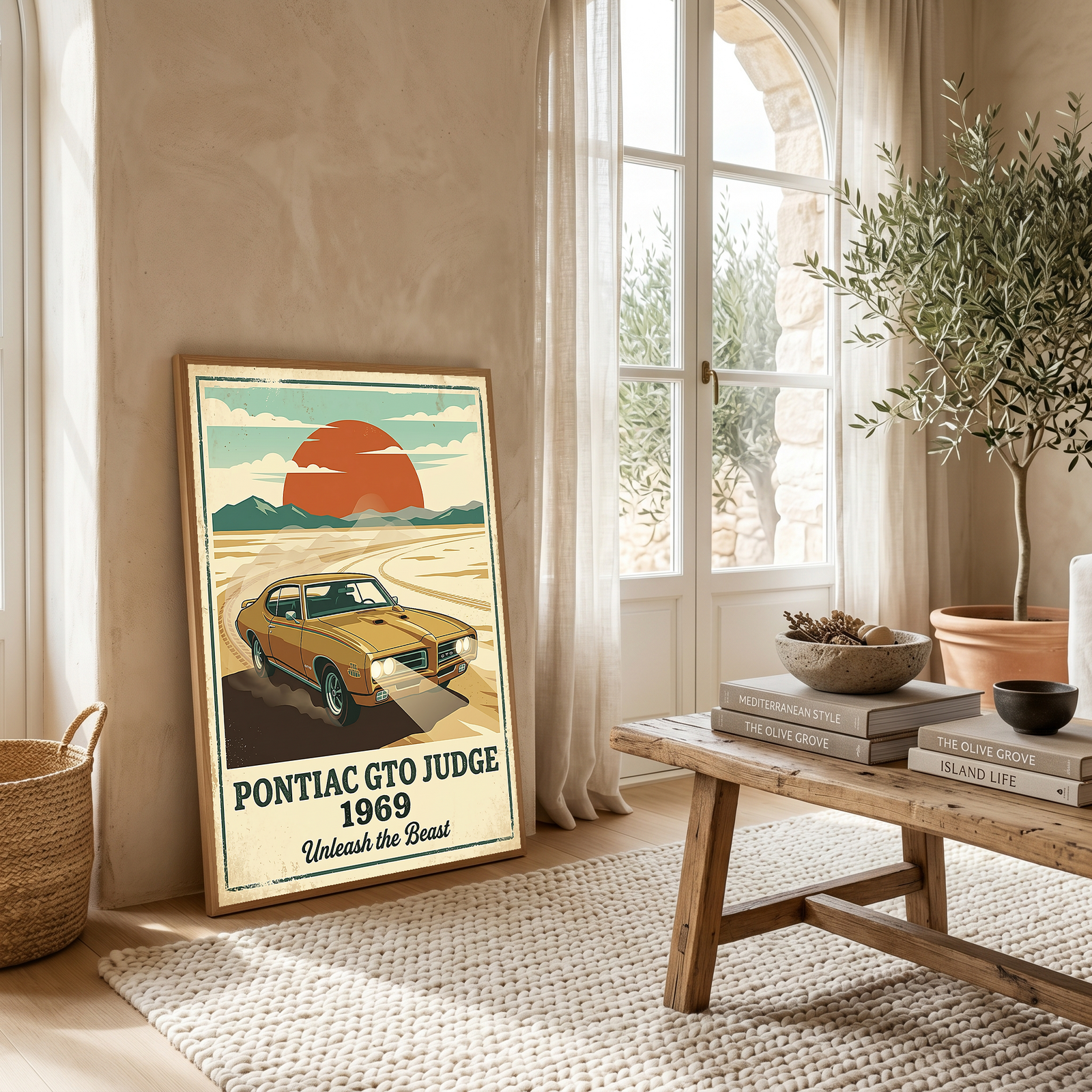 Pontiac GTO Judge 1969 V2 Poster — Vintage Muscle Car Desert Sunset Print