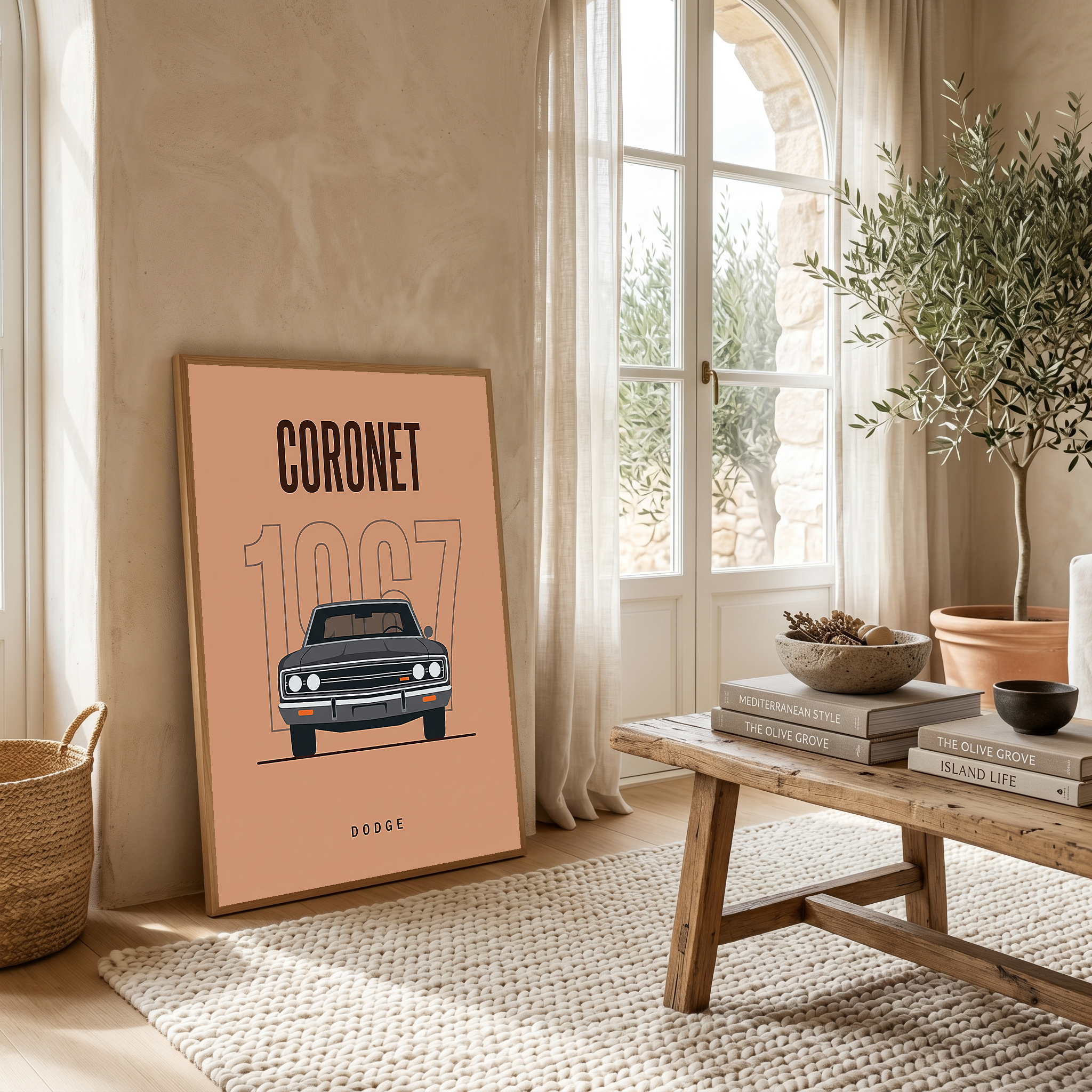 Dodge Coronet 1967 Minimalist Poster — Peach Muscle Car Line Art
