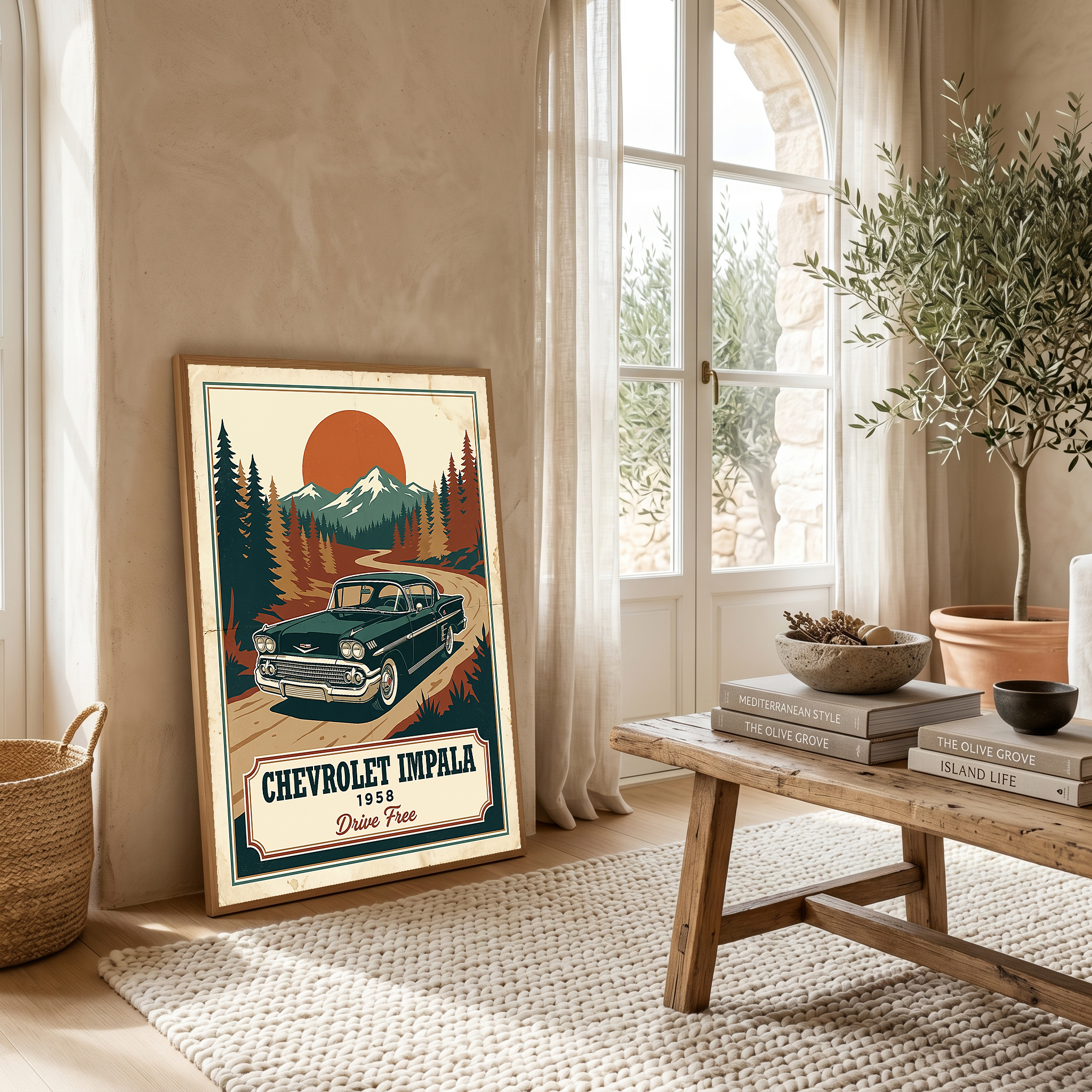 Chevrolet Impala 1958 Poster — Vintage Muscle Mountain Pine Sunset Print